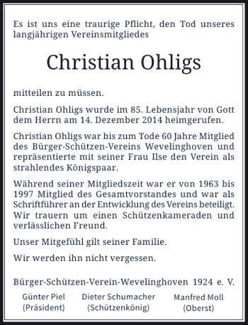 Traueranzeige von Christian Ohligs von Rheinische Post