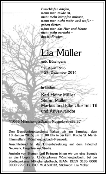 Traueranzeige von Lia Müller von Rheinische Post