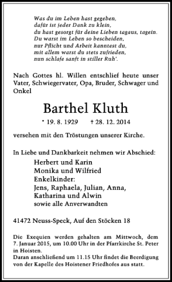 Traueranzeige von Barthel Kluth von Rheinische Post