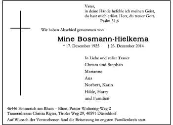 Traueranzeige von Mine BBosmann-Hielkema von Rheinische Post