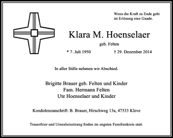 Traueranzeige von Klara M. Hoenselaer von Rheinische Post