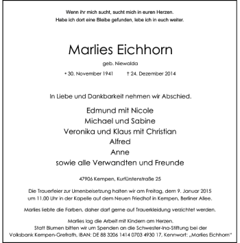 Traueranzeige von Marlies Eichhorn von Rheinische Post