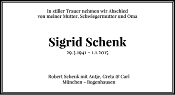 Traueranzeige von Sigrid Schenk von Rheinische Post