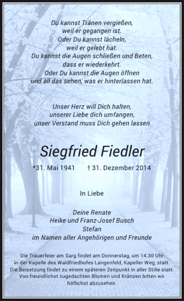  Traueranzeige für Siegfried Fiedler vom 05.01.2015 aus Rheinische Post
