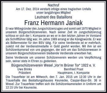 Traueranzeige von Franz Hermann Janiak von Rheinische Post