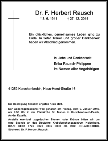 Traueranzeige von Dr. F. Herbert Rausch von Rheinische Post