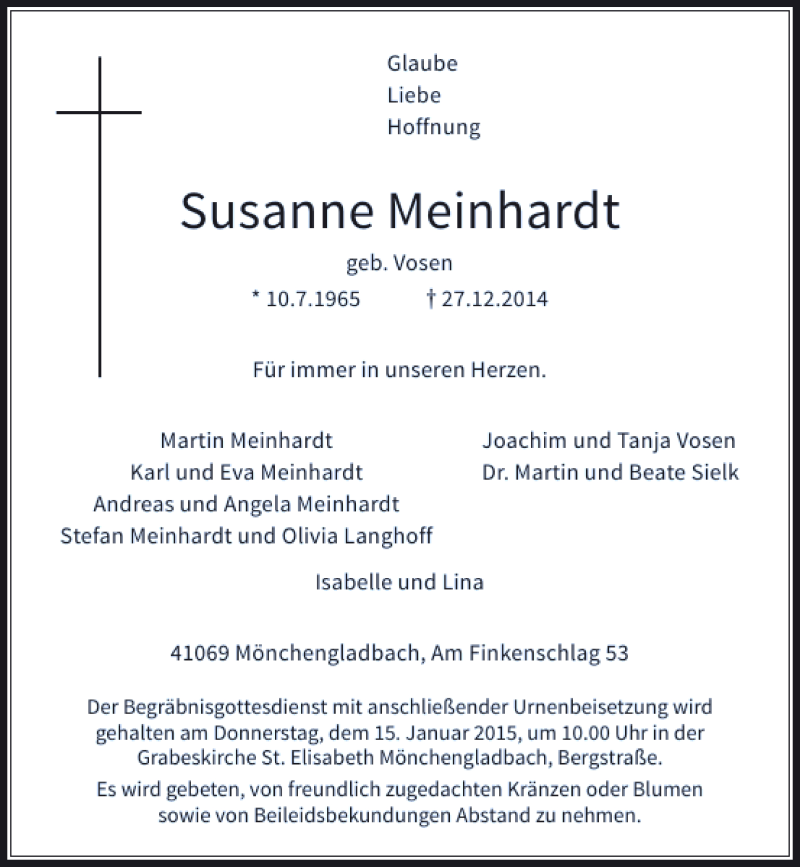  Traueranzeige für Susanne Meinhardt vom 07.01.2015 aus Rheinische Post