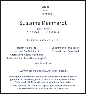 Traueranzeige von Susanne Meinhardt von Rheinische Post