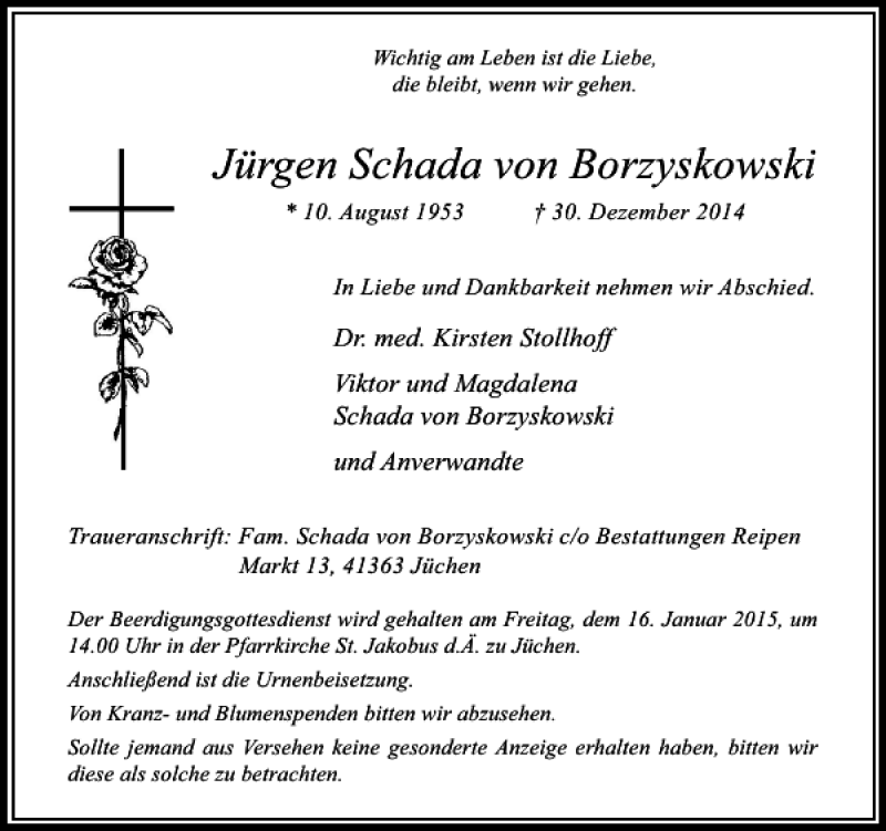  Traueranzeige für Schada von Borzyskowski Jürgen vom 10.01.2015 aus Rheinische Post