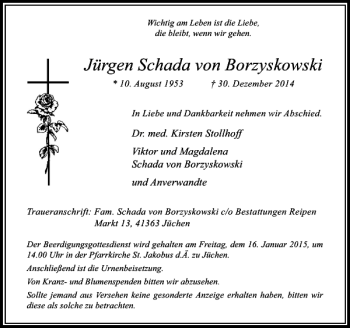 Traueranzeige von Schada von Borzyskowski Jürgen von Rheinische Post