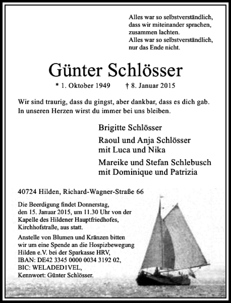 Traueranzeige für Günter Schlösser vom 10.01.2015 aus Rheinische Post