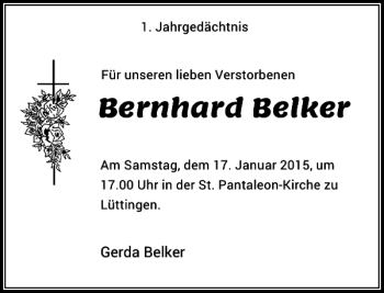 Traueranzeige von Bernhard Belker von Rheinische Post