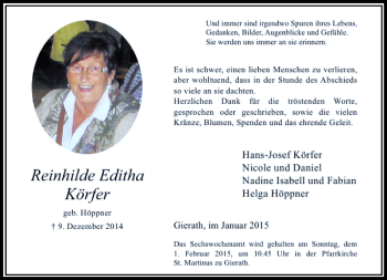 Traueranzeige von Reinhilde Editha Körfer von Rheinische Post