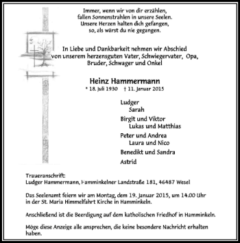 Traueranzeige von Heinz Hammermann von Rheinische Post