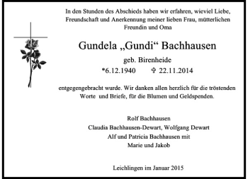 Traueranzeige von Gundela Bachhausen von Rheinische Post