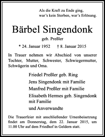 Traueranzeige von Bärbel Singendonk von Rheinische Post