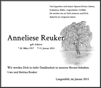 Traueranzeige von Anneliese Reuker von Rheinische Post