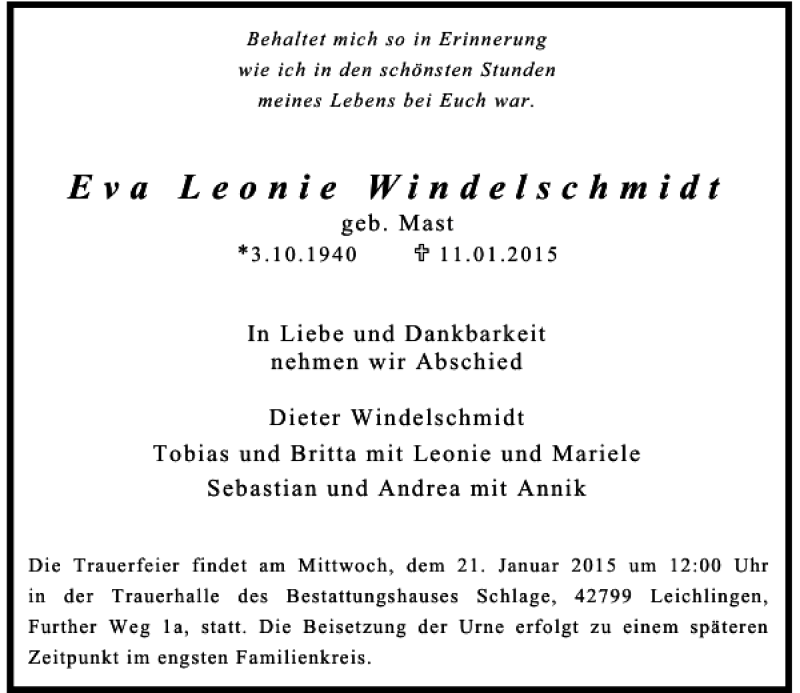 Traueranzeige für Eva Leonie Windelschmidt vom 17.01.2015 aus Rheinische Post