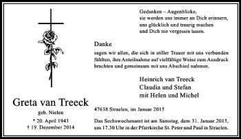 Traueranzeige von Greta van Treeck von Rheinische Post