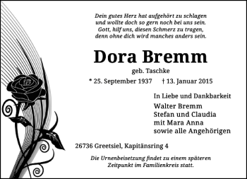 Traueranzeige von Dora Bremm geb. Taschke von Rheinische Post