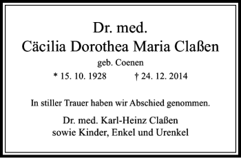 Traueranzeige von Dr. med. Cäcilia Dorothea Maria Claßen von Rheinische Post