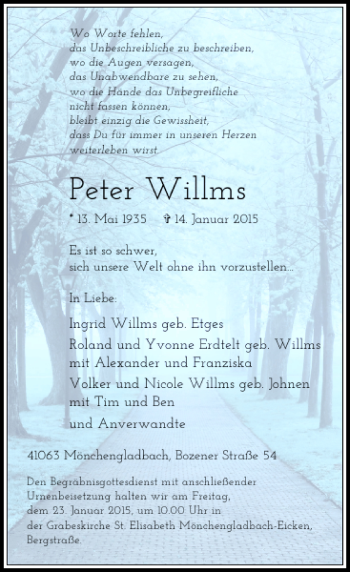 Traueranzeige von Peter illms Willms von Rheinische Post