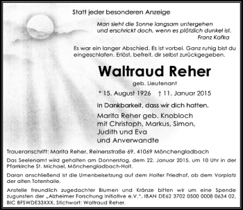 Traueranzeige von Waltraud Reher von Rheinische Post