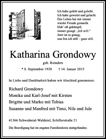 Traueranzeige von Katharina Grondowy von Rheinische Post