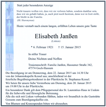 Traueranzeige von Elisabeth Janßen von Rheinische Post