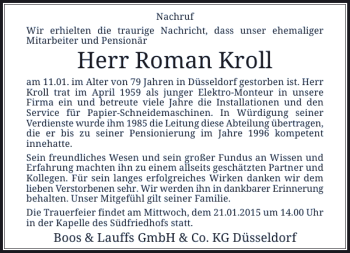 Traueranzeige von Roman Kroll von Rheinische Post