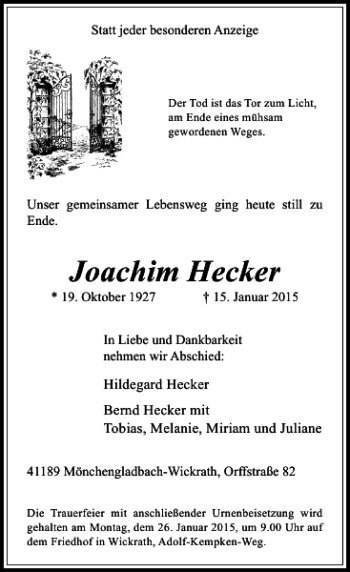 Traueranzeige von Joachim Hecker von Rheinische Post