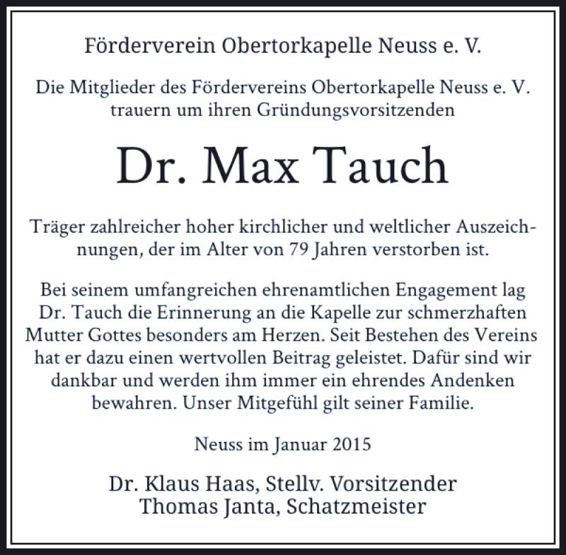 Alle Traueranzeigen für Dr. Max Tauch | trauer.rp-online.de