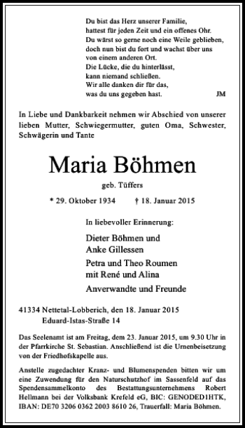 Traueranzeige von Maria Böhmen von Rheinische Post