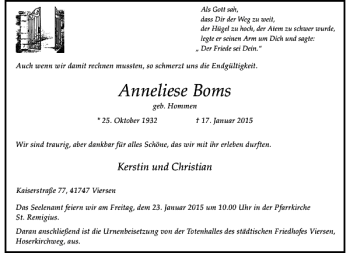 Traueranzeige von Anneliese Boms von Rheinische Post