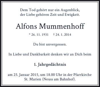 Traueranzeige von Alfons Mummenhoff von Rheinische Post