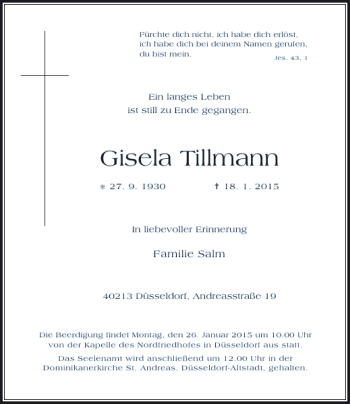 Traueranzeige von Gisela Tillmann von Rheinische Post
