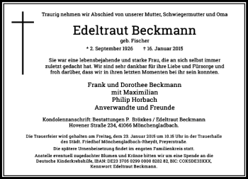 Traueranzeige von Edeltraut Beckmann von Rheinische Post