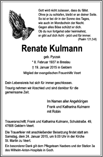 Traueranzeige von Renate Kulmann von Rheinische Post