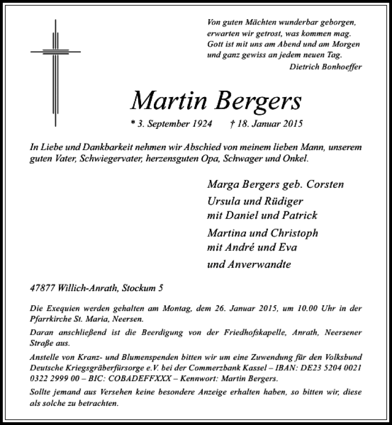  Traueranzeige für Bergers Martin vom 21.01.2015 aus Rheinische Post