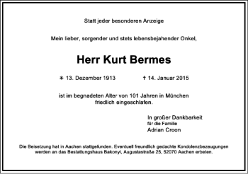 Traueranzeige von Kurt Bermes von Rheinische Post