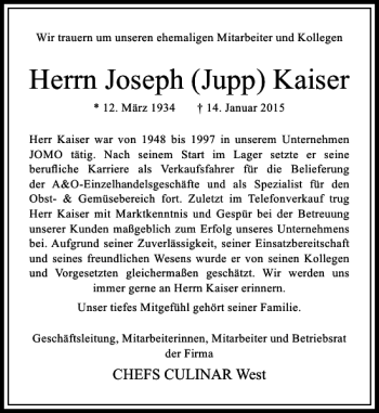 Traueranzeige von Joseph Jupp Kaiser von Rheinische Post