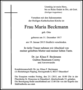 Traueranzeige von Frau Maria Beckmann von Rheinische Post