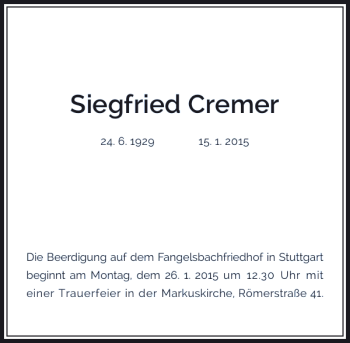 Traueranzeige von Siegfried Cremer von Rheinische Post
