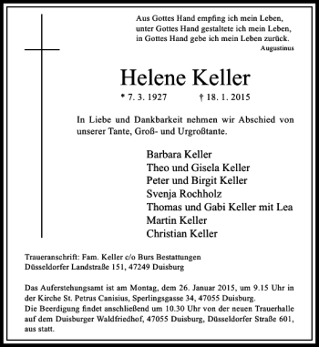 Traueranzeige von Helene Keller von Rheinische Post