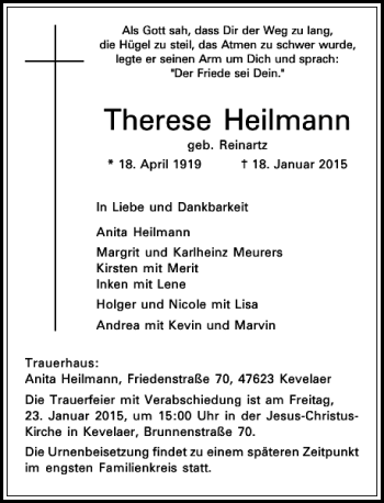 Traueranzeige von Therese Heilmann geb. Reinartz von Rheinische Post