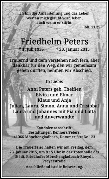 Traueranzeige von Friedhelm Peters von Rheinische Post