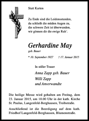 Traueranzeige von Gerhardine May von Rheinische Post