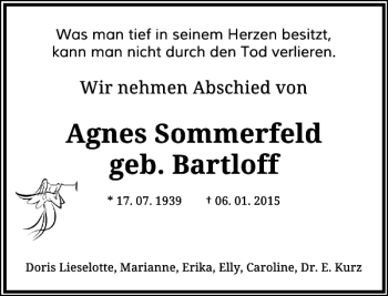 Traueranzeige von Agnes Sommerfeld geb. Bartloff von Rheinische Post