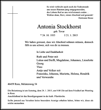Traueranzeige von Antonia Stockhorst von Rheinische Post