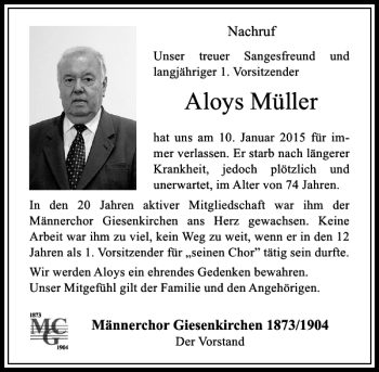 Traueranzeige von Aloys Müller von Rheinische Post